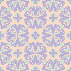Beige floral background. Seamless pattern with violet and blue elements 
