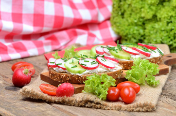 Grain bread with spread, fresh radish, cucumber and tomatoes on - concept of healthy fitness breakfast or snack, fresh salad in the background