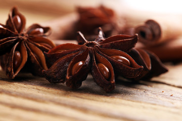 cinnamon and star anise. Christmas holiday on ooden boards background .