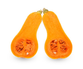 Half of butternut squash with seeds isolated on white background