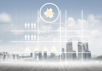 Obraz premium Natural background with modern cityscape wooden floor and media interface