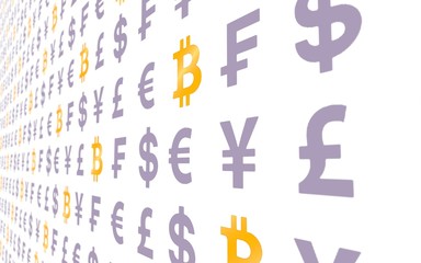 Bitcoin and currency on a white background. Digital Cryptocurrency symbol. Business concept. Market Display. 3D illustration