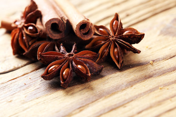 cinnamon and star anise. Christmas holiday on ooden boards background .