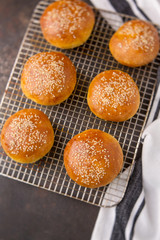Homemade Hamburger Buns Topped with Sesame Seeds on a Rustic Black Background