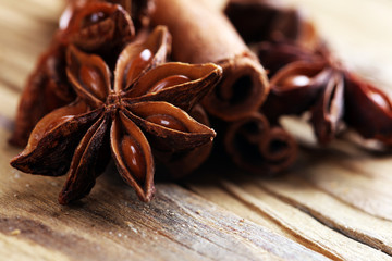 cinnamon and star anise. Christmas holiday on ooden boards background .
