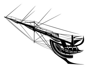 sail ship bowsprit rigging - side view black vector silhouette