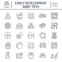 Early development baby toys flat line icons. Play mat, sorting block, busy board, carriage, toy car, kids railroad, maze, clay illustrations. Thin signs for montessori education. Editable Strokes.