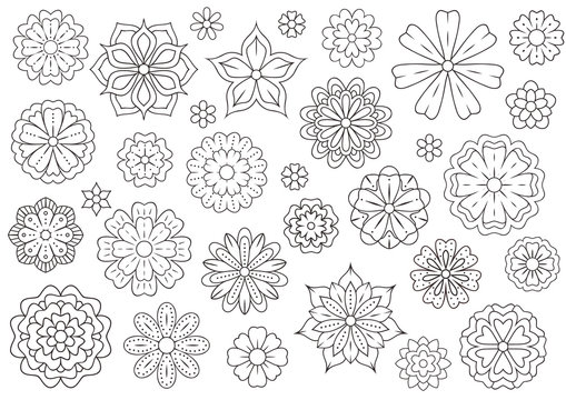 Outline doodle flowers for adult coloring book. Beautiful floral background for color artwork. Monochrome zentangle backdrop, summer flower drawing. Colouring line illustration.