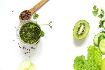 Healthy green smoothies with ingredients. Detox, vegetarian, diet concept.