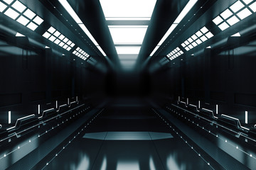 Futuristic tunnel with light. Spaceship corridor interior view.Future background, business, sci-fi or science concept. 3D Rendering.