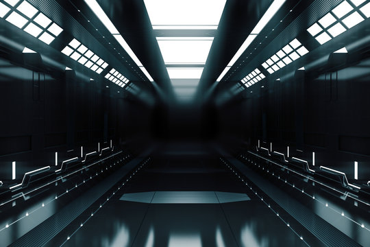 Futuristic tunnel with light. Spaceship corridor interior view.Future background, business, sci-fi or science concept. 3D Rendering.