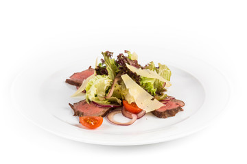 meat salad with roast beef, vegetables and cheese on white background, isolated