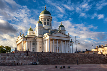 Finland, Helsinki, view of the Cathedral and Senate Square at sunset. Beautiful city landscape