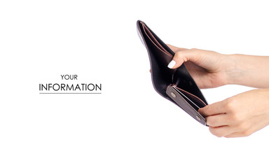 Brown leather empty wallet in hand pattern on white background isolation