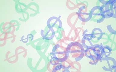 Multicolored translucent dollar signs on white background. Green tones. 3D illustration