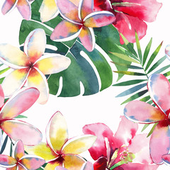 Bright green herbal tropical wonderful hawaii floral summer pattern of a tropic palm leaves and tropic pink red violet blue flowers hibiscus, orchid, lily watercolor hand illustration