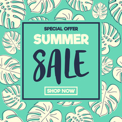 Tropical poster with hand drawn icons for Summer Sale.