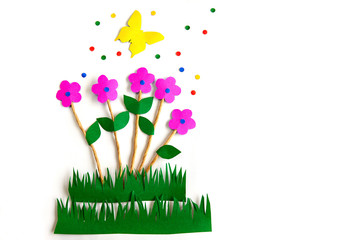 Obraz na płótnie Canvas Paper art flowers on vase with butterfly on white background