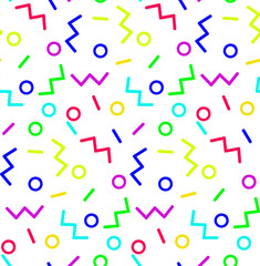 Abstract sophisticated wonderful elegant graphic beautiful blue, red, pink, yellow, green, violet lines zigzag circles pattern watercolor hand illustration. Paint like a child, perfect for textile