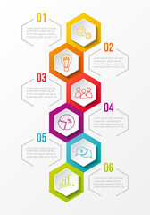 Hexagonal infographic with colourful business icons. Vector.