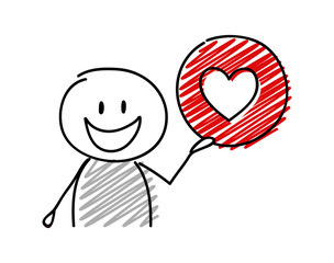 Stickman with happy facial expression holiding heart (social media) icon. Vector.