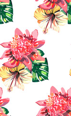 Bright green herbal tropical wonderful hawaii floral summer pattern of a tropic palm leaves and tropic pink red violet blue flowers hibiscus, orchid, lily vector illustration