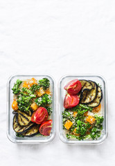 Vegetarian lunch box. Broccoli, pumpkin, couscous salad, grilled eggplant and tomatoes. Healthy diet home food concept. Office food. On light background, copy space