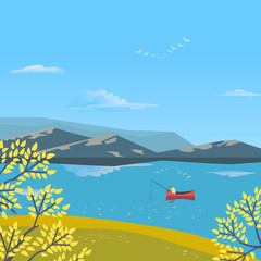 Autumn nature landscape. Colorful cartoon retro style. Autumnal yellow Fall season leisure banner background. Fisherman on calm river water. Alps mountain valley lake view. Outdoor vector Illustration