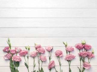 Beautiful pink eustoma flowers on white wooden background. Copy space, top view,