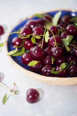 Close up of pile of ripe cherries in blue bowl.