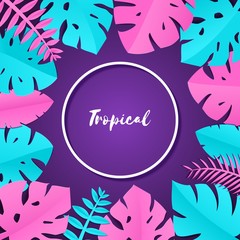 Composition with creative pink blue jungle leaves on violet background in paper cut style. Tropical leaf white round frame, template for design poster, banner, flyer T-shirt printing, Vector