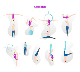 Acrobatics vector illustration icon collection set. Couple performing flexibility, strength and grace in athletic sport. Circus stunt tricks with rope, hoop and ball.