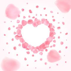 Vector background with realistic pink rose petals in heart shape on light background. Good for Valentine's Day greeting cards, wedding invitations.
