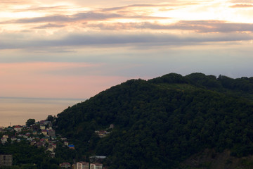beautiful view of the Caucasus mountains  on a background of pastel colors of sky