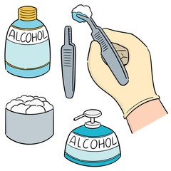 vector set of forcep, alcohol and sterile cotton