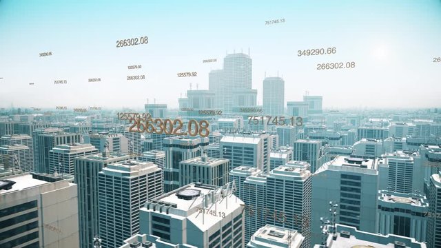 Aerial view of a futuristic city with skyscrapers and numbers. City flight animation.
