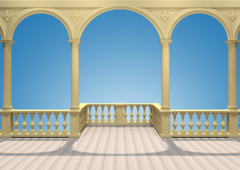 Balcony with balustrade, columns, arches and stucco 3D rendering