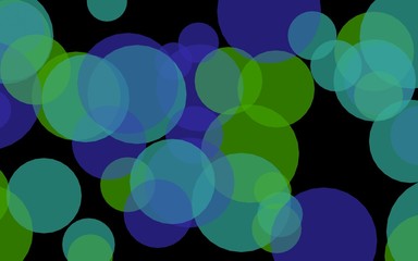Multicolored translucent circles on a dark background. Green tones. 3D illustration