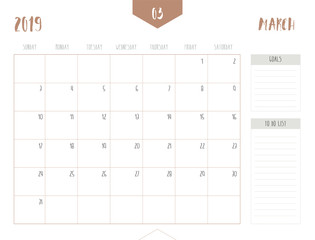 Vector of calendar 2019 ( March ) in simple clean table style with goals and to do list box; full size 21 x 16 cm; Week start on Sunday
