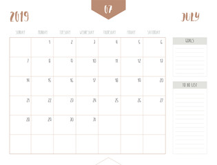 Vector of calendar 2019 ( July ) in simple clean table style with goals and to do list box; full size 21 x 16 cm; Week start on Sunday.