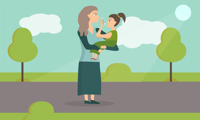 Illustration of an Asthmatic Girl Using an Inhaler. Mom with baby in the park. Child in the arms of the mother