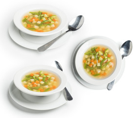 Set of Veggie Soup shot in different angles, Vegetarian soup isolated on white, Clipping path included