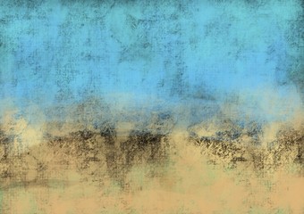 grunge hand painted art background with rough texture blues and gold with black touches