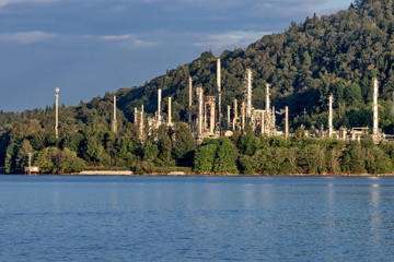 Vancouver's Oil refinery on the shore of the bay at the foot of a wooded mountainside against a blue storm sky