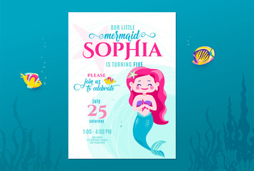 Mermaid birthday cute invite card design for little princess. Kids party anniversary. Sea underwater invitation