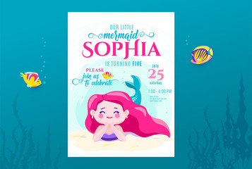 Mermaid birthday cute invite card design for little princess. Kids party anniversary. Sea underwater invitation