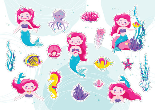 Mermaid cute stickers, cartoon little princess patch. Vector illustration. Fun sea character design isolated on white background