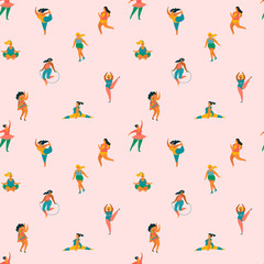 Happy plus size girls and active lifestyle. Vector seamless pattern.