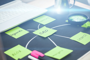 SEO Search engine optimization concept Paper notes on a dark background with inscriptions