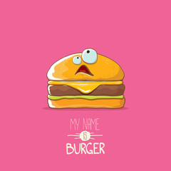 vector cartoon tiny burger character with cheese, meat and salad icon isolated on pink background. my name is burger vector concept illustration